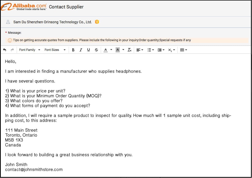 Alibaba Sample Email